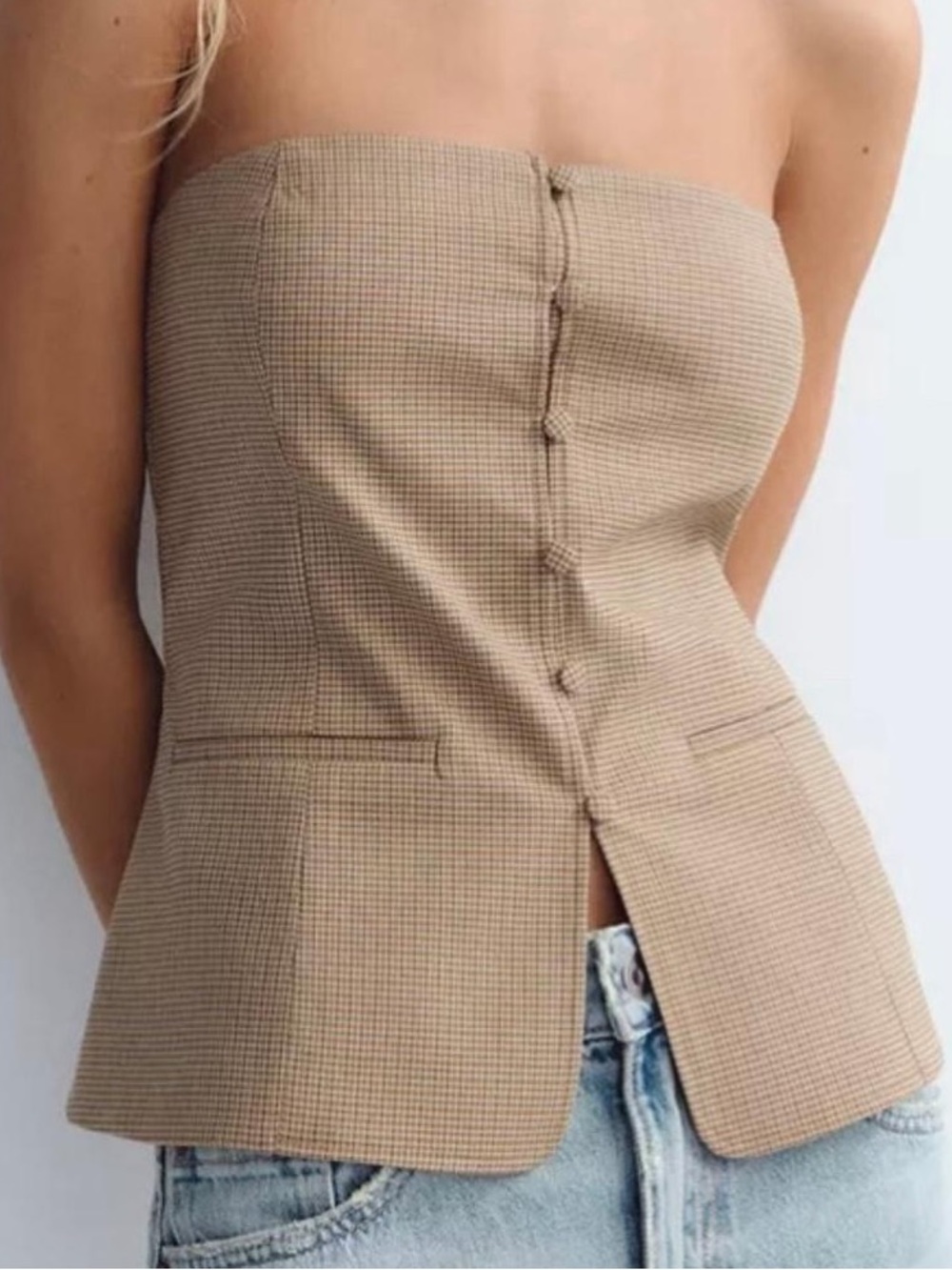 Zara Strapless Beige Check Corset Top
